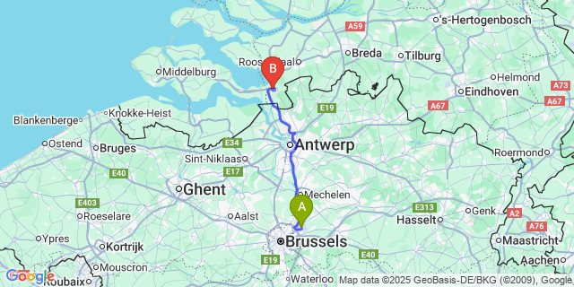 Map: Brussels Zaventem Airport (BRU) to Woensdrecht