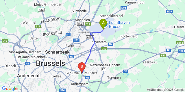Map: Brussels Zaventem Airport (BRU) to Sint Pieters Leeuw