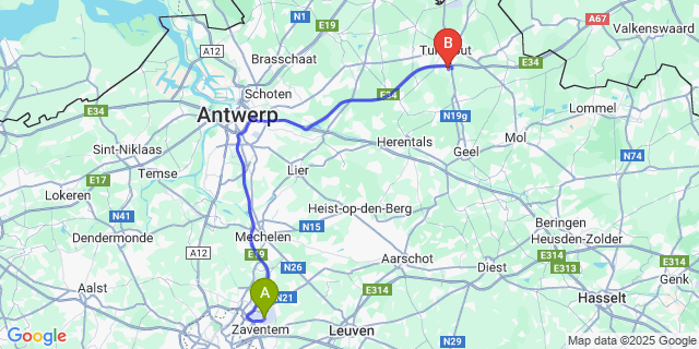 Map: Brussels Zaventem Airport (BRU) to Zevendonk