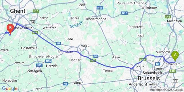 Map: Brussels Zaventem Airport (BRU) to Zevergem
