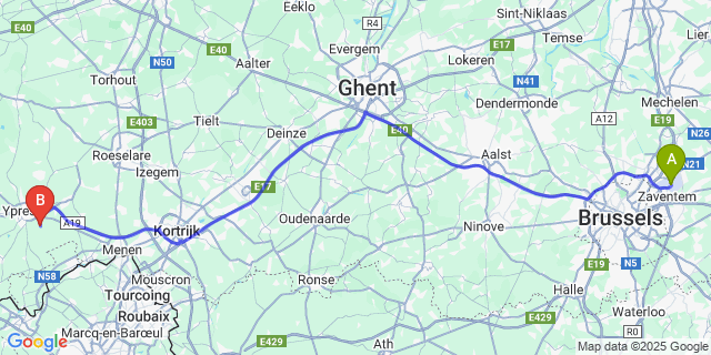 Map: Brussels Zaventem Airport (BRU) to Zillebeke
