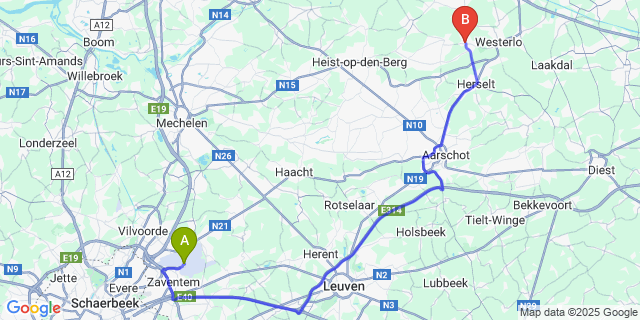 Map: Brussels Zaventem Airport (BRU) to Zoerle-Parwijs