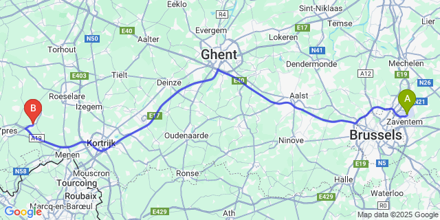 Map: Brussels Zaventem Airport (BRU) to Zonnebeke