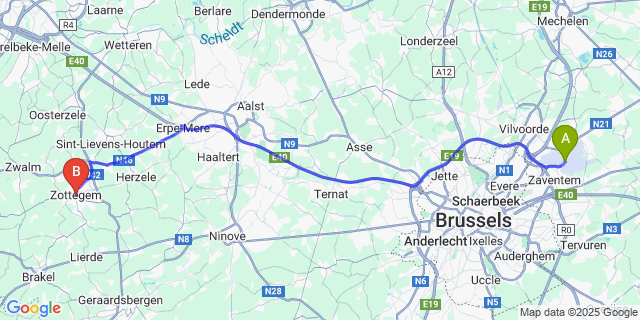 Map: Brussels Zaventem Airport (BRU) to Zottegem