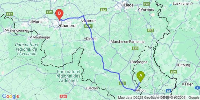Map: Charleroi Airport Brussels South (CRL) to Redange
