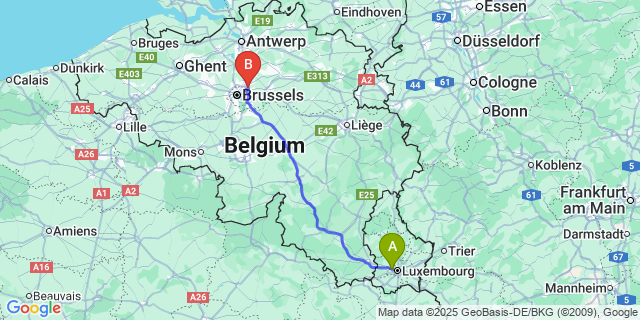 Map: Brussels Zaventem Airport (BRU) to Strassen