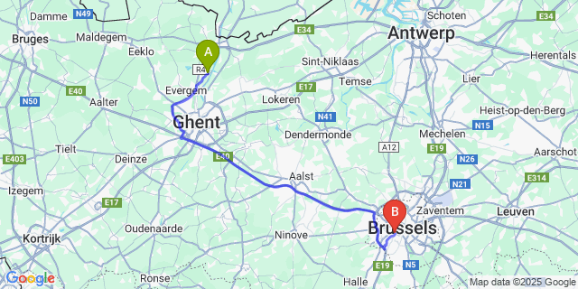 Map: Brussels Midi Train Station to Doornzele
