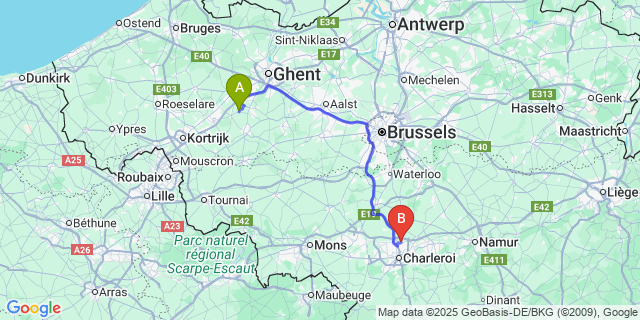 Map: Charleroi Airport Brussels South (CRL) to Lozer
