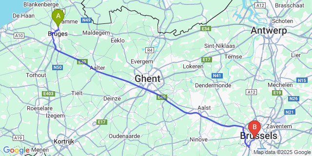 Map: Brussels Midi Train Station to Sint-Jozef