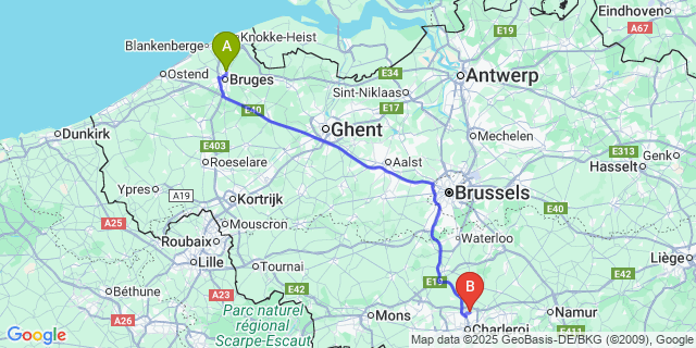 Map: Charleroi Airport Brussels South (CRL) to Sint-Jozef