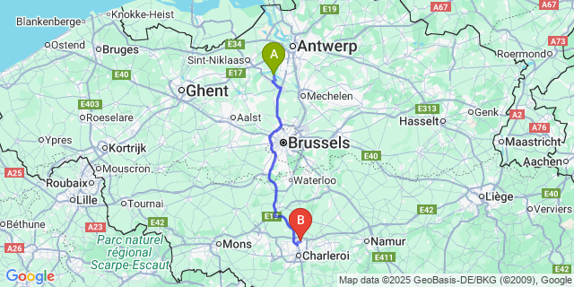 Map: Charleroi Airport Brussels South (CRL) to Wintam