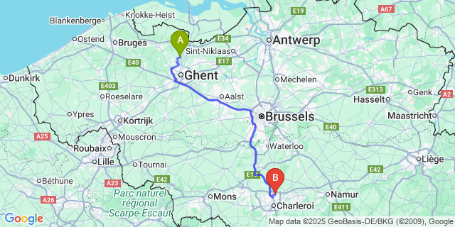 Map: Charleroi Airport Brussels South (CRL) to Wippelgem