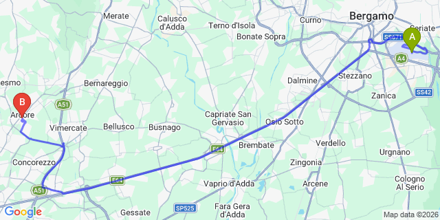 Map: Milan Bergamo Airport (BGY) to Arcore