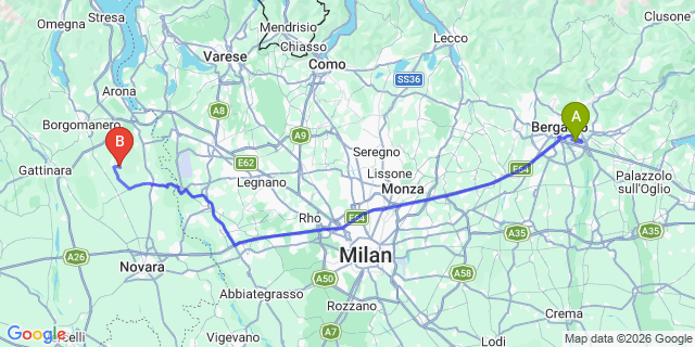 Map: Milan Bergamo Airport (BGY) to Arona (Lago Maggiore)
