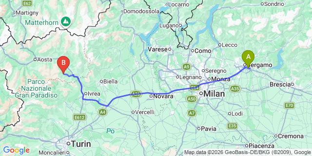 Map: Milan Bergamo Airport (BGY) to Breuil-Cervinia