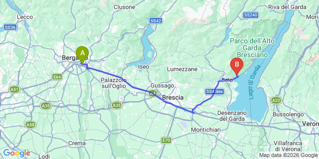Map: Milan Bergamo Airport (BGY) to Gardone Riviera (Lago di Garda)
