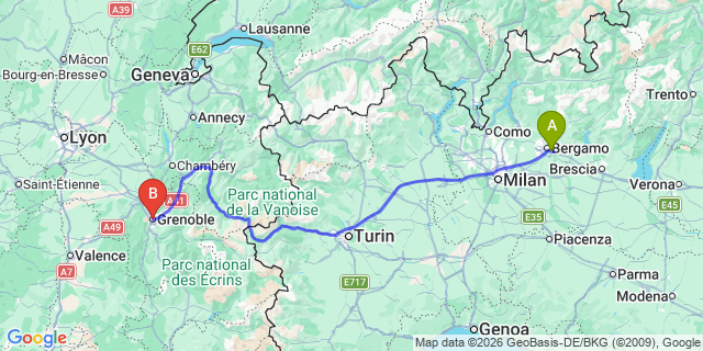 Map: Milan Bergamo Airport (BGY) to Grenoble city (all areas)