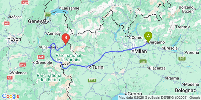 Map: Milan Bergamo Airport (BGY) to Les Arcs (1950 / 2000)