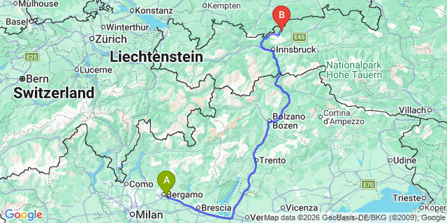 Map: Milan Bergamo Airport (BGY) to Obereggen