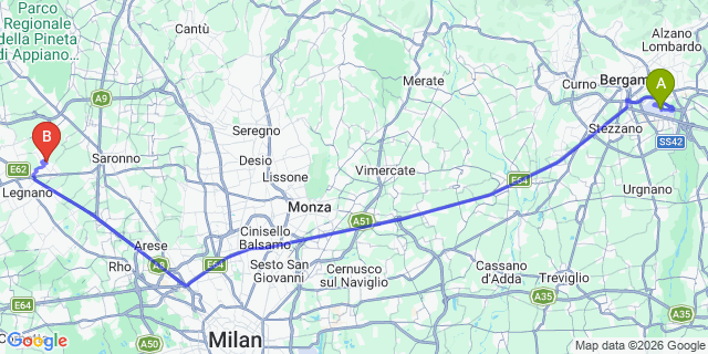 Map: Milan Bergamo Airport (BGY) to Parabiago