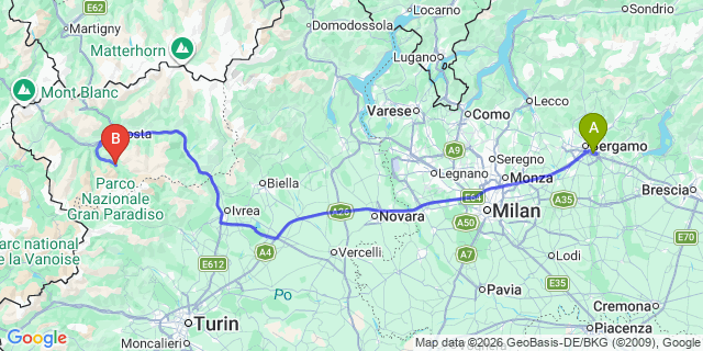 Map: Milan Bergamo Airport (BGY) to Pila (Valle d’Aosta)