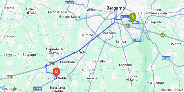 Map: Milan Bergamo Airport (BGY) to Vaprio d’Adda