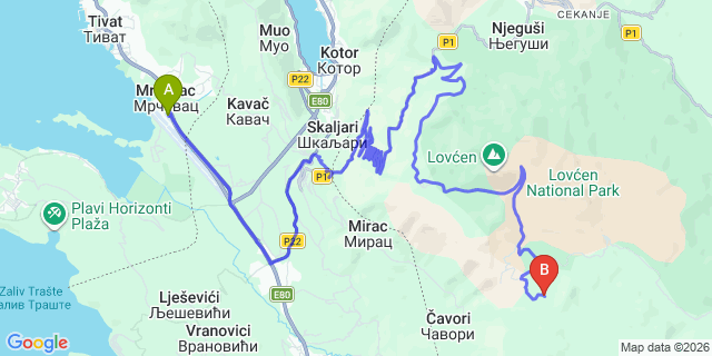 Map: Budva to Tivat Airport (TIV)
