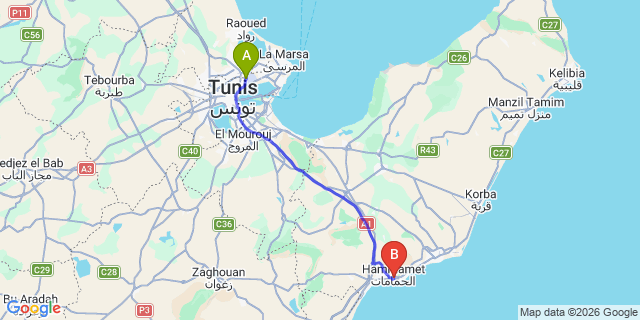 Map: Tunis-Carthage Airport (TUN) to Hammamet city (all areas)