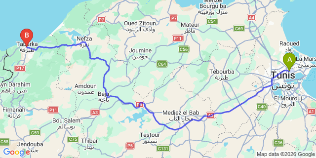 Map: Tunis-Carthage Airport (TUN) to Tabarka