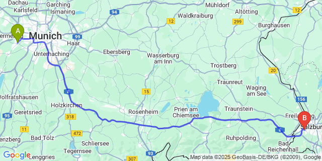 Map: Salzburg Airport (SZG) to Munich (all areas)