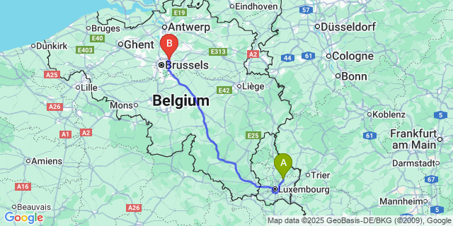 Map: Brussels Zaventem Airport (BRU) to Junglinster