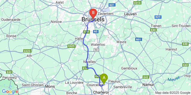 Map: Charleroi Airport Brussels South (CRL) to 9HOTEL CENTRAL, Brussels