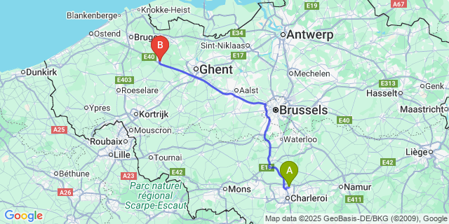 Map: Charleroi Airport Brussels South (CRL) to Aalter