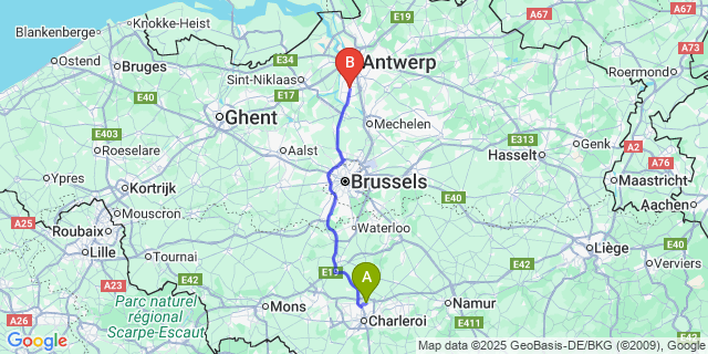 Map: Charleroi Airport Brussels South (CRL) to Aartselaar