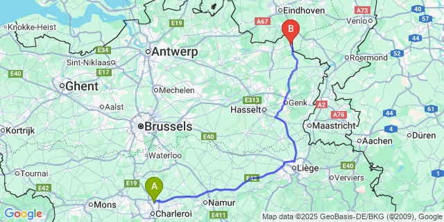 Map: Charleroi Airport Brussels South (CRL) to Achel