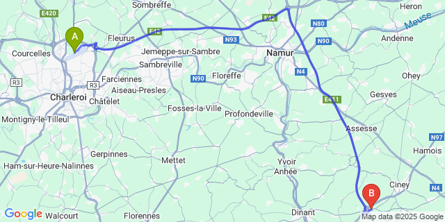 Map: Charleroi Airport Brussels South (CRL) to Ach?ne