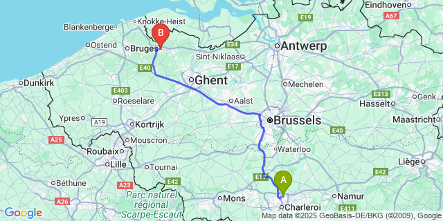 Map: Charleroi Airport Brussels South (CRL) to Adegem