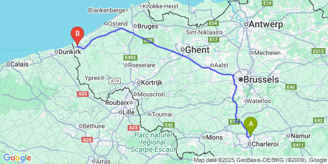 Map: Charleroi Airport Brussels South (CRL) to Adinkerke
