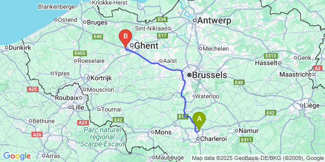Map: Charleroi Airport Brussels South (CRL) to Afsnee