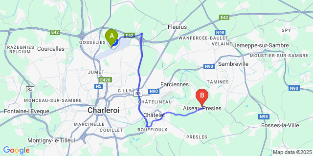 Map: Charleroi Airport Brussels South (CRL) to Aiseau