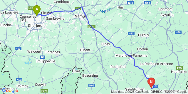 Map: Charleroi Airport Brussels South (CRL) to Amberloup