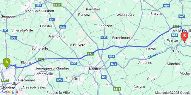 Map: Charleroi Airport Brussels South (CRL) to Ampsin