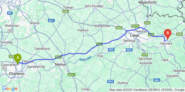 Map: Charleroi Airport Brussels South (CRL) to Andrimont