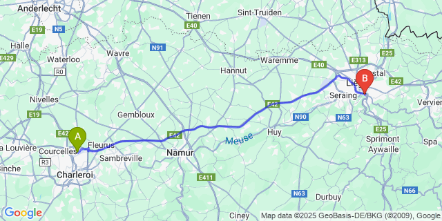 Map: Charleroi Airport Brussels South (CRL) to Angleur