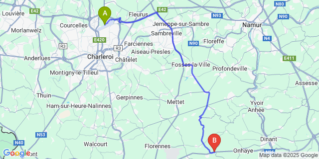 Map: Charleroi Airport Brussels South (CRL) to Anthée