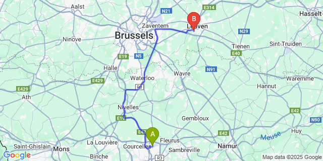 Map: Charleroi Airport Brussels South (CRL) to Arenberg