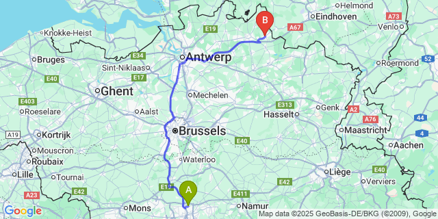 Map: Charleroi Airport Brussels South (CRL) to Arendonk