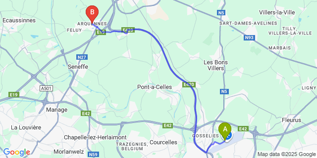 Map: Charleroi Airport Brussels South (CRL) to Arquennes