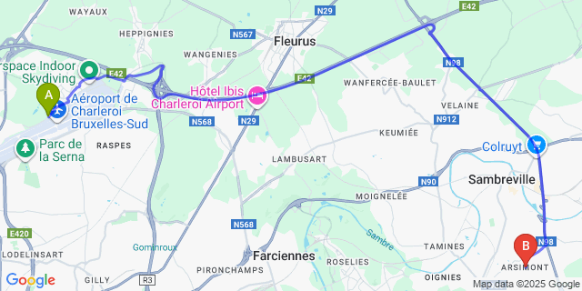 Map: Charleroi Airport Brussels South (CRL) to Arsimont