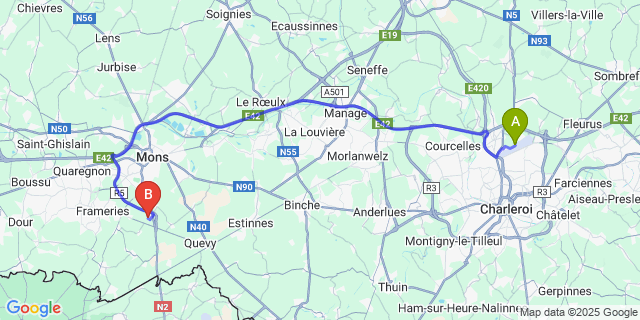 Map: Charleroi Airport Brussels South (CRL) to Asquillies